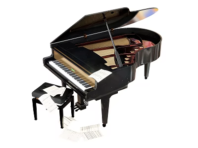 Elegant Black Grand Piano Musical Instrument With Stool And Sheet Music 3d model