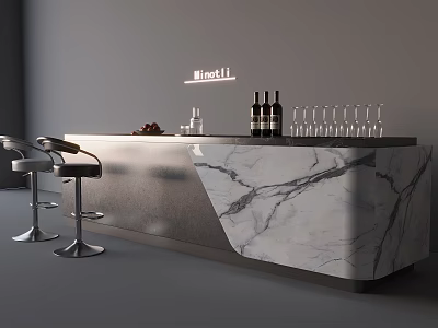 Modern Bar Design Featuring Marble Countertop With Bar Stools Wine Bottles And Glasses 3d model