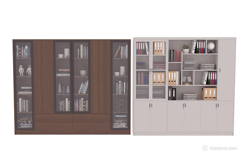 Modern Wooden And White Bookcases With Glass Doors Open Shelves Books Decorative Items And Green Plants 3d model 