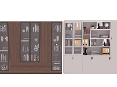 Modern Wooden And White Bookcases With Glass Doors Open Shelves Books Decorative Items And Green Plants 3d model