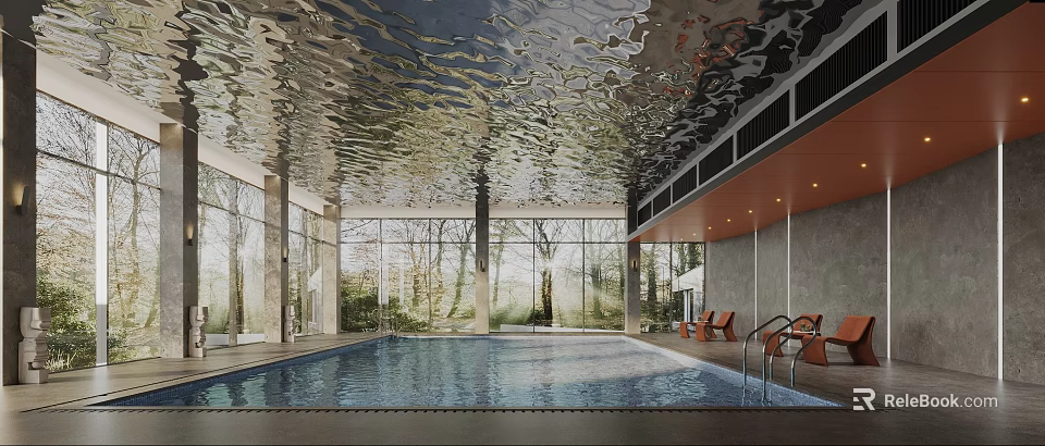 Indoor Swimming Pool With Large Windows Modern Ceiling And Lounge Chairs 3d model 
