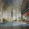 Indoor Swimming Pool With Large Windows Modern Ceiling And Lounge Chairs