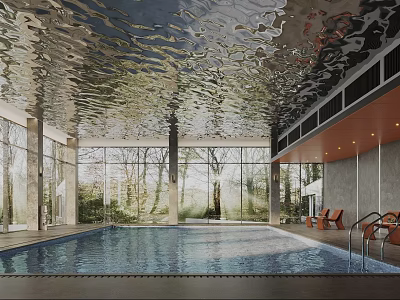 Indoor Swimming Pool With Large Windows Modern Ceiling And Lounge Chairs 3d model