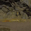 Cave Interior With Rocky Walls Sandy Ground Driftwood Branches And Animal Hide