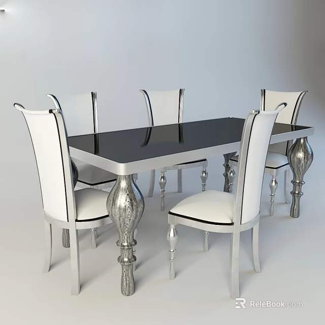 Modern Dining Table Set With Black Tabletop White Seats And Silver Legs 3d model