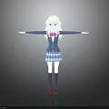 Anime Girl Character With Light Green Hair In Blue School Uniform And Pink Bow