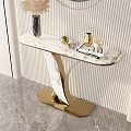 Modern Console Table Marble Top With Vase Books Gold Ornaments Round Mirror On Striped Wall