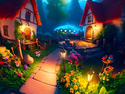 Cartoon Scenery With Fairy Tale Cottages Red Roofs Forest Garden Flowers Stone Path And Lanterns 3d model