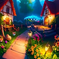 Cartoon Scenery With Fairy Tale Cottages Red Roofs Forest Garden Flowers Stone Path And Lanterns