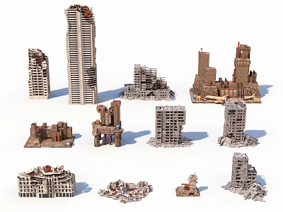 Various Damaged Building Models With High Rise Low Rise Ruined Architectural Structures 3d model