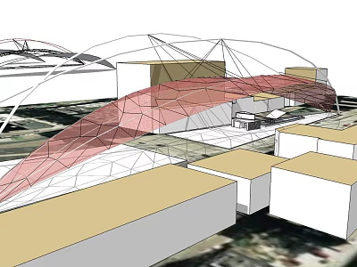 Modern Geometric Pergola Structure With Metal Frame And Red Canopy Design 3d model