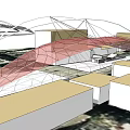 Modern Geometric Pergola Structure With Metal Frame And Red Canopy Design