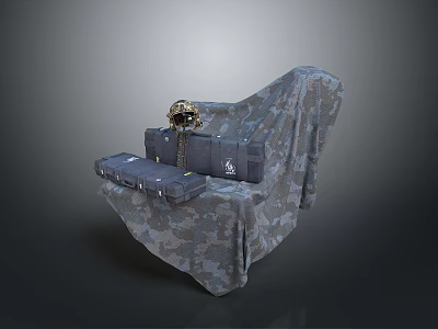Military Weapons Storage Setup With Camouflage Cloth Helmet And Storage Cases 3d model