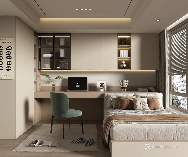 Modern Tatami Bedroom Interior Design With Desk Green Chair Storage Cabinets And Window 3d model 