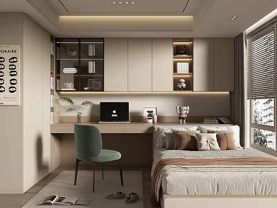 Modern Tatami Bedroom Interior Design With Desk Green Chair Storage Cabinets And Window 3d model
