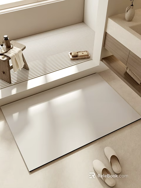 Minimalist Bathroom Interior Design With White Floor Wooden Stool Towel And Storage Box 3d model 