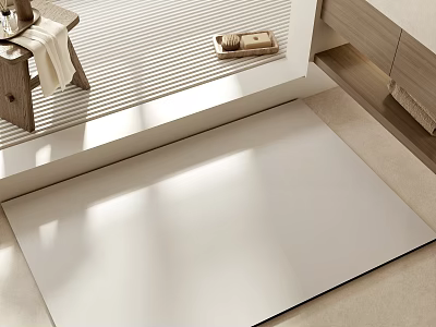 Minimalist Bathroom Interior Design With White Floor Wooden Stool Towel And Storage Box 3d model