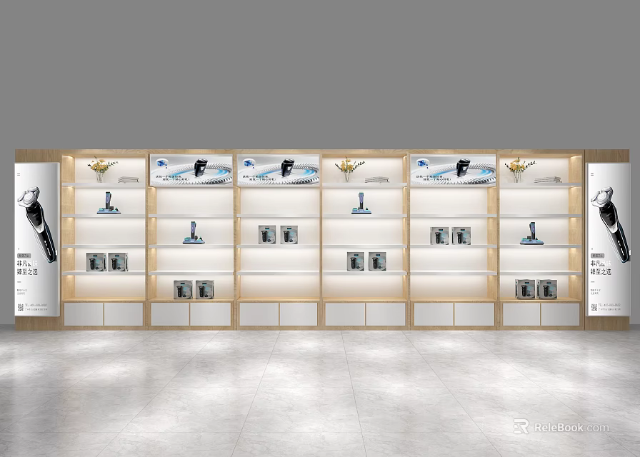 Modern Display Shelves With Wooden Frame Layered Glass Shelves And Watch Posters 3d model 