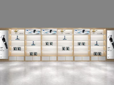 Modern Display Shelves With Wooden Frame Layered Glass Shelves And Watch Posters 3d model