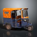 Vintage Blue Three Wheeled Tuk Tuk With Orange Canopy And Open Seating Design