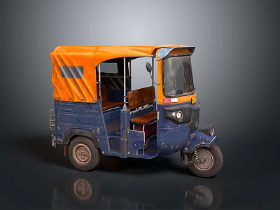 Vintage Blue Three Wheeled Tuk Tuk With Orange Canopy And Open Seating Design 3d model