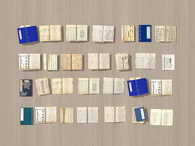 Old Books Neatly Arranged on Wooden Background with Multiple Open Pages and Blue Cover Books 3d model