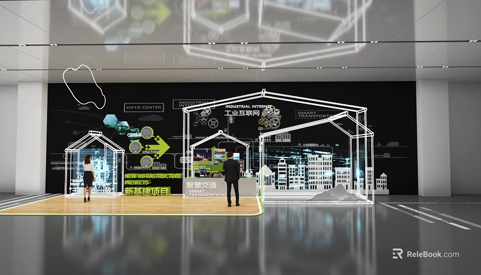 Modern Exhibition Hall Featuring Architectural Design Flowchart And Interactive Stand With Two People 3d model