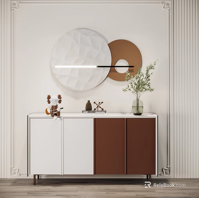 Entryway Console Table White and Brown with Round Mirrors Strip Light and Decorative Items 3d model