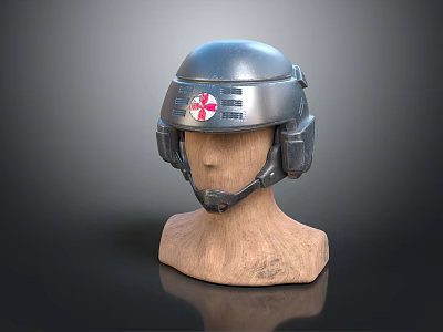 Metallic Helmet With Red Cross Emblem And Decorative Stripes On Wooden Mannequin Head 3d model