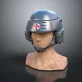 Metallic Helmet With Red Cross Emblem And Decorative Stripes On Wooden Mannequin Head