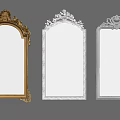 Three Elegant Mirrors with Golden Ornate Frames Line Art Plant Decor Reflecting Room Interior