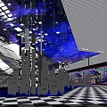Modern Tech Inspired Hall With Transparent Column Structures Blue Lighting And Black White Checkered Floor 3d model