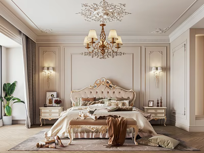 Classic Luxurious Bedroom Interior With Ornate Headboard Chandelier Wall Sconces And Nightstands 3d model