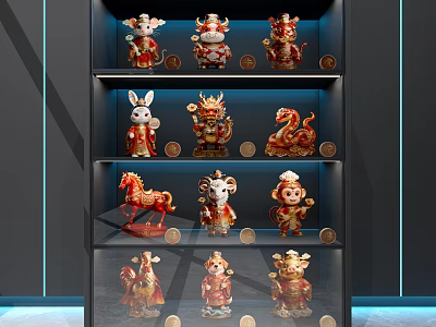 Illuminated Display Cabinet Featuring Zodiac Themed Collectible Figures On Glass Shelves 3d model