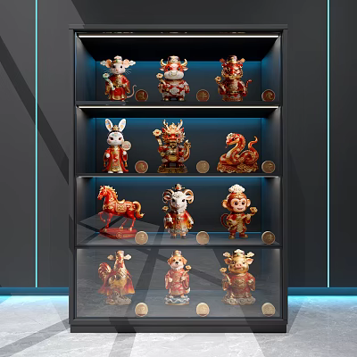 Illuminated Display Cabinet Featuring Zodiac Themed Collectible Figures On Glass Shelves 3d model
