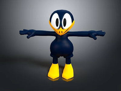 Cartoon Duck Like Character With Dark Blue Body Yellow Beak And Outstretched Arms 3d model