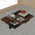 Modern Minimalist Wooden Coffee Table With Stacked Books Decorative Tray And Ceramic Bowl
