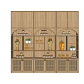 Wooden Decorative Cabinet With Multiple Shelves Doors Displaying Vases Small Plants And Decorative Items