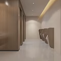 Modern Public Restroom Interior With Wooden Doors White Countertop and Mirrors