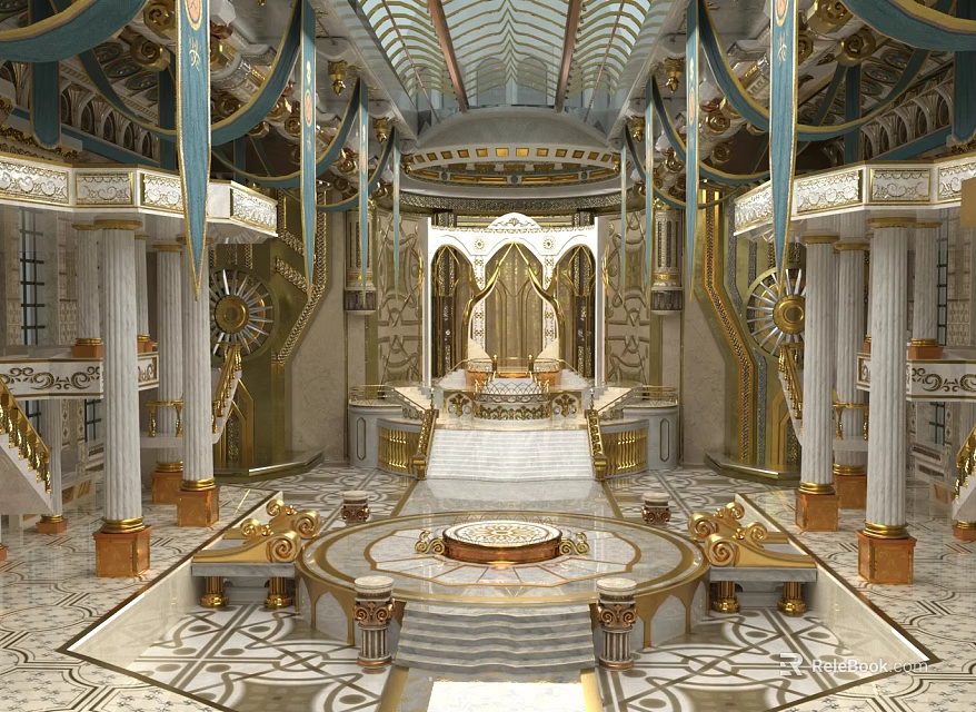 Opulent Hall Interior Featuring Golden Decorations Blue Draperies Tall Columns And Intricate Ceiling 3d model 