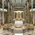 Opulent Hall Interior Featuring Golden Decorations Blue Draperies Tall Columns And Intricate Ceiling