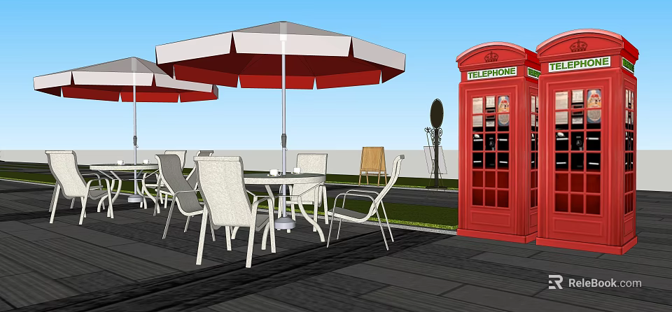 Outdoor White Table Chair Set With Red White Umbrella And Red Telephone Booth 3d model 