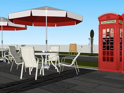 Outdoor White Table Chair Set With Red White Umbrella And Red Telephone Booth 3d model