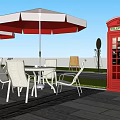 Outdoor White Table Chair Set With Red White Umbrella And Red Telephone Booth