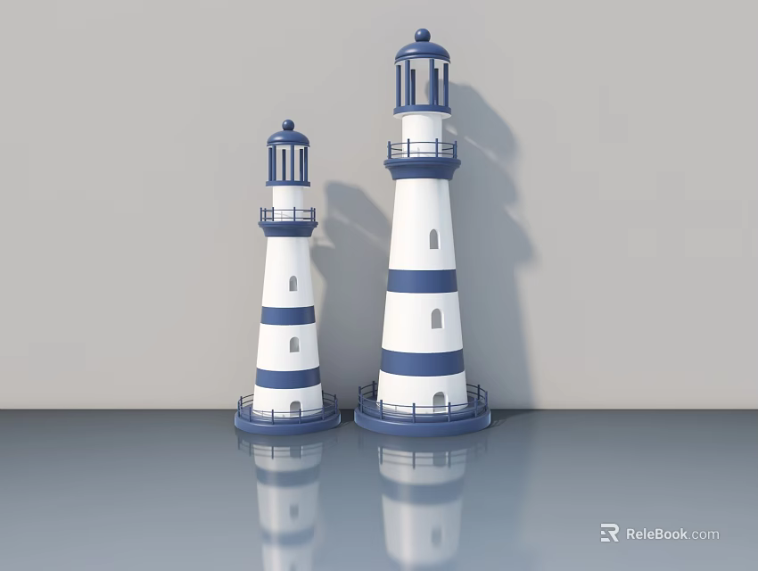 Blue And White Striped Hinged Door With Lighthouse Design And Smooth Surface Reflection 3d model 