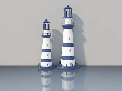 Blue And White Striped Hinged Door With Lighthouse Design And Smooth Surface Reflection 3d model