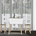 Cozy Home Table And Chairs Set With Checkered Tablecloth Laptop And Green Plant