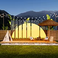 Outdoor Art Installation With Yellow Semicircular Structure Bamboo Fence And String Lights 3d model