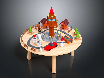 Wooden Play Table Scene With Tower Small Houses Trees Track And Toy Car 3d model