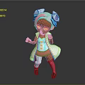 Cute 3D Rendered Child With Pink Blue Outfit White Coat Bow And Striped Socks